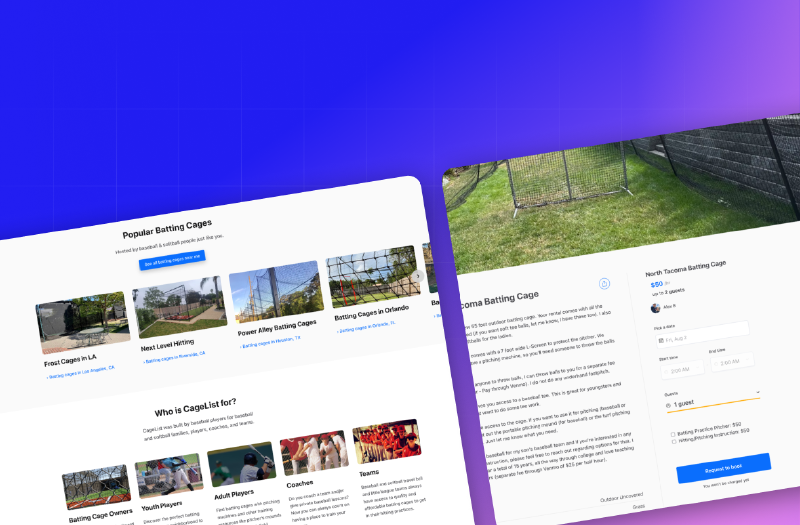 Startsidan hos CageList med slagburar i Los Angeles, Houston och Orlando och en bokningssida för en bur i North Tacoma