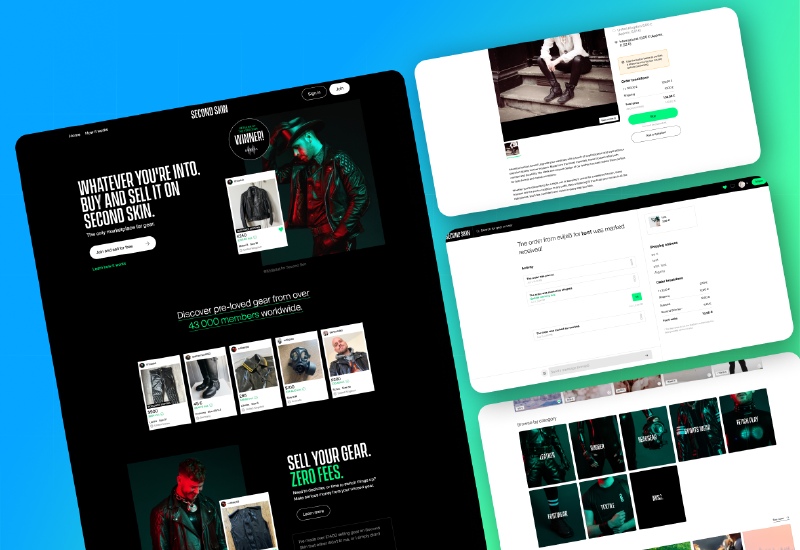 Startsidan hos Second Skin med en annons för utrustning, en ordersida med fraktuppgifter och ett rutnät för att bläddra per kategori