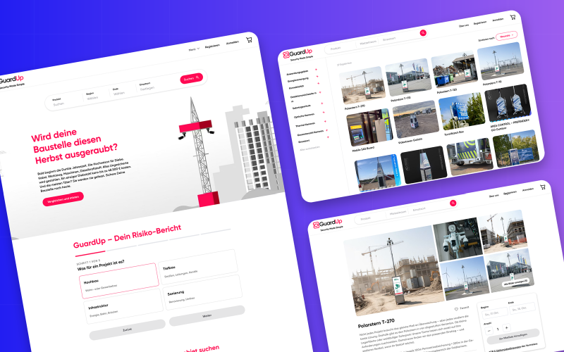 GuardUp home page with the Finden, Anfragen and Mieten steps, equipment search results and a Polarstern T-270 listing with rental dates and quantity.