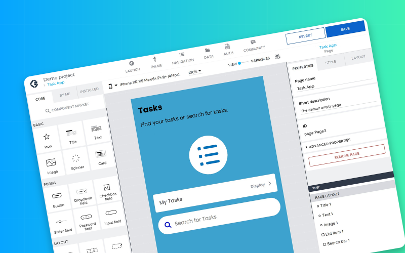 Den visuella appeditorn hos AppGyver med arbetsytan för Task App och inställningar för data.