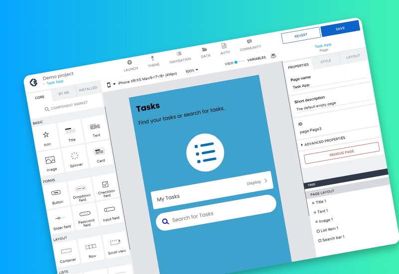 AppGyver visual app editor with the Task App canvas and data controls.