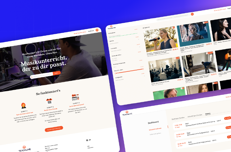 Startsidan hos Teachlive med ett sökfält för instrument, en lista över musiklärare med filter och en översikt över lektioner