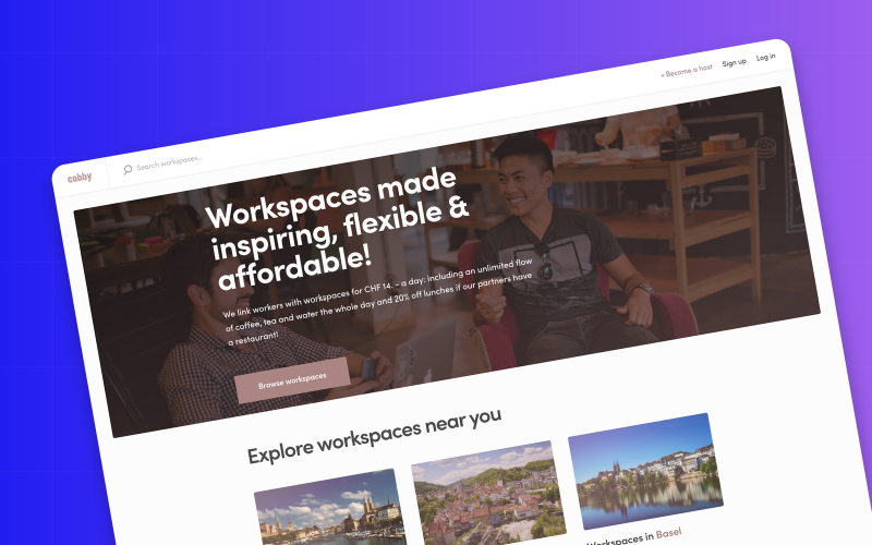 Cobby home page with a workspace search bar and workspaces in Zürich, Baden and Basel