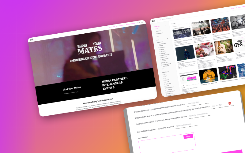 Startsidan hos Bring Your Mates, en evenemangsannons med filter och ett gästformulär med fält för underskrift