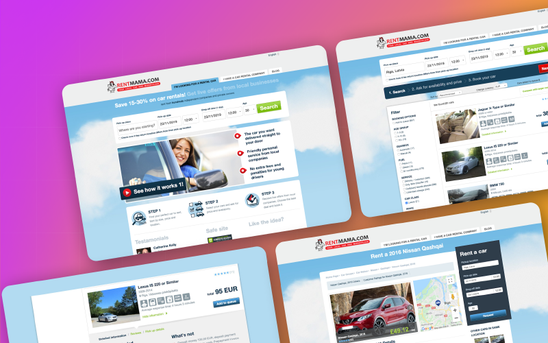 Startsidan hos RentMama med ett sökformulär för bil, en lista över hyrbilar med filter och en sida för Nissan Qashqai