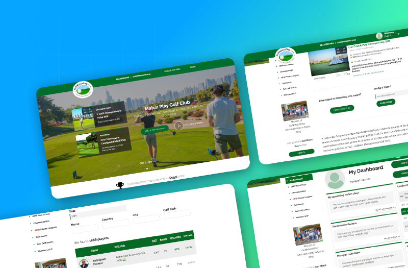 Startsidan, en evenemangssida och spelarens översiktssida hos Golf Match Play, med ett mästerskap i Dubai och en spelarlista