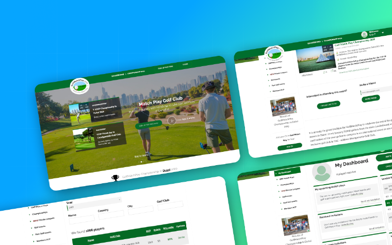 Golf Match Play sākumlapa, pasākuma lapa un spēlētāja panelis ar čempionātu Dubaijā un spēlētāju sarakstu