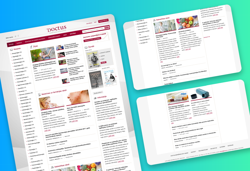 Startsidan hos Doctus med en lista över medicinska specialiteter, nyhetsartiklar och nummer av tidskriften Doctus