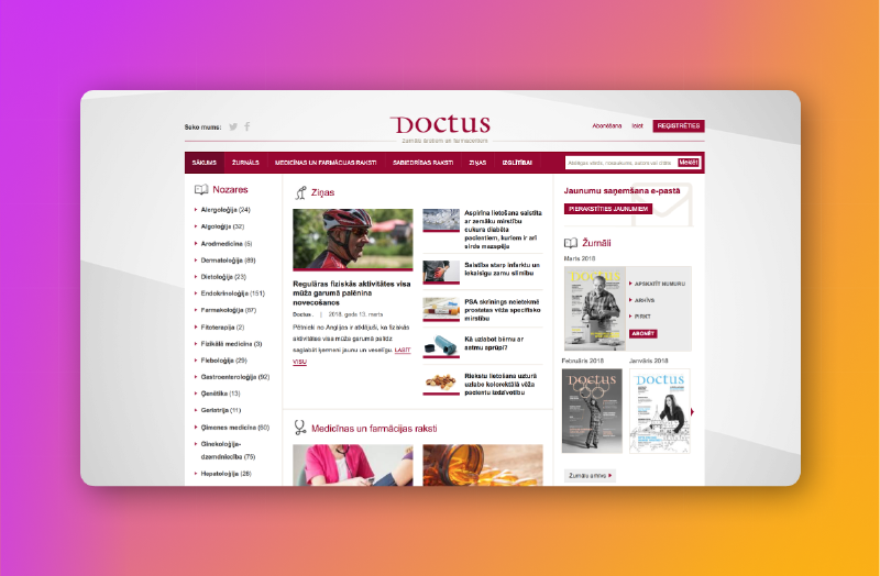 Doctus sākumlapa ar medicīnas nozaru sarakstu, ziņām un žurnāla Doctus numuriem