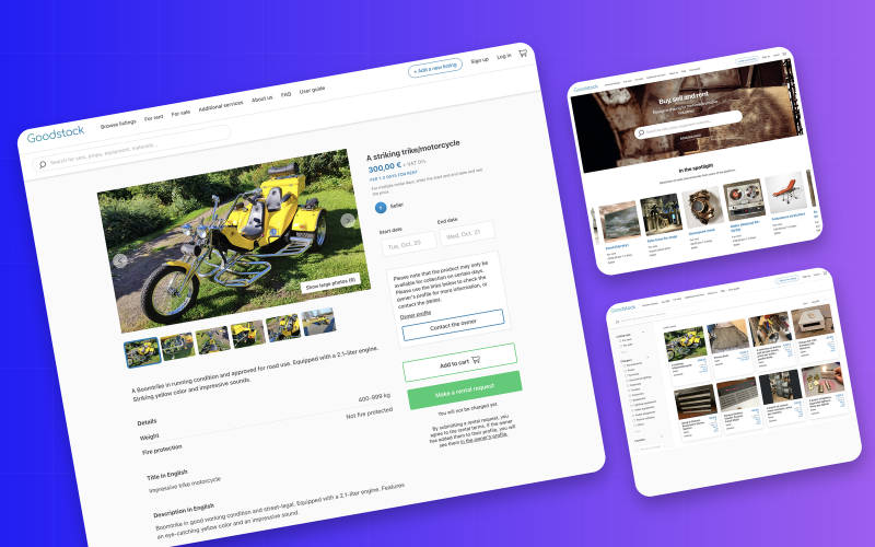 Marknadsplatsen Goodstock: en annons för en trehjuling med hyresdatum och en knapp för hyresförfrågan, startsidan med sökning och utvalda annonser samt en sökresultatsida med filter.