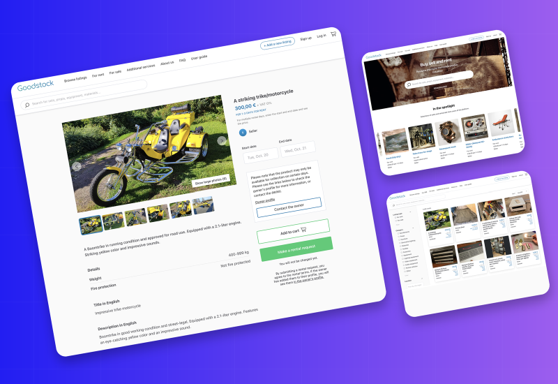 Marknadsplatsen Goodstock: en annons för en trehjuling med hyresdatum och en knapp för hyresförfrågan, startsidan med sökning och utvalda annonser samt en sökresultatsida med filter.