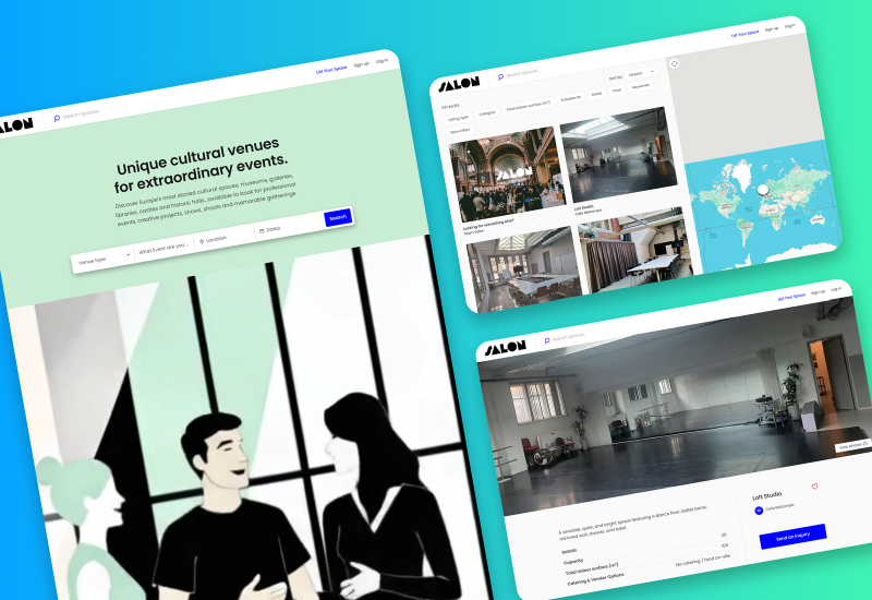 Salon home page with an animated video, venue search results and the Loft Studio venue page