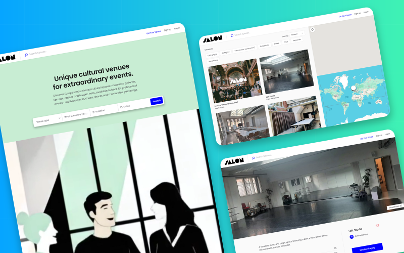 Salon home page with an animated video, venue search results and the Loft Studio venue page