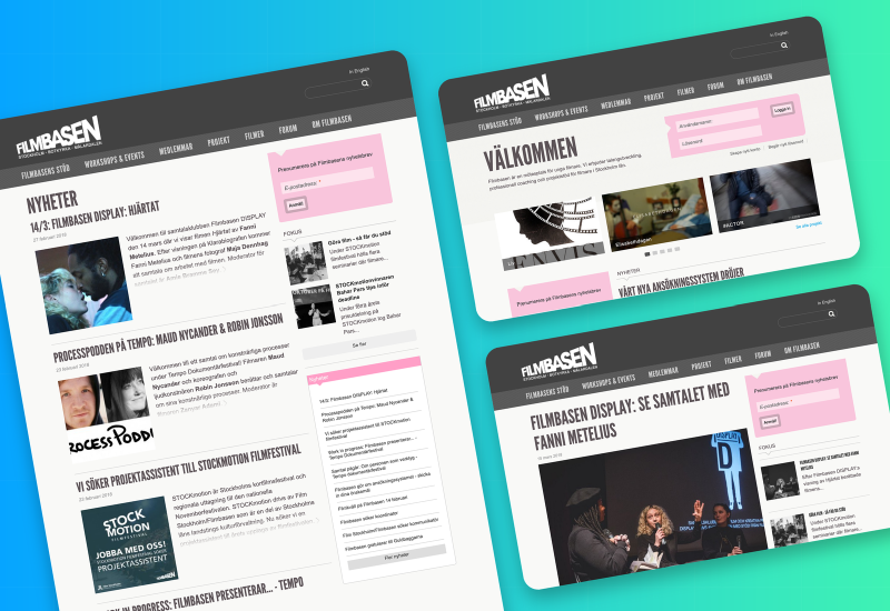 Filmbasen home page with a login form, three film project thumbnails and a news article