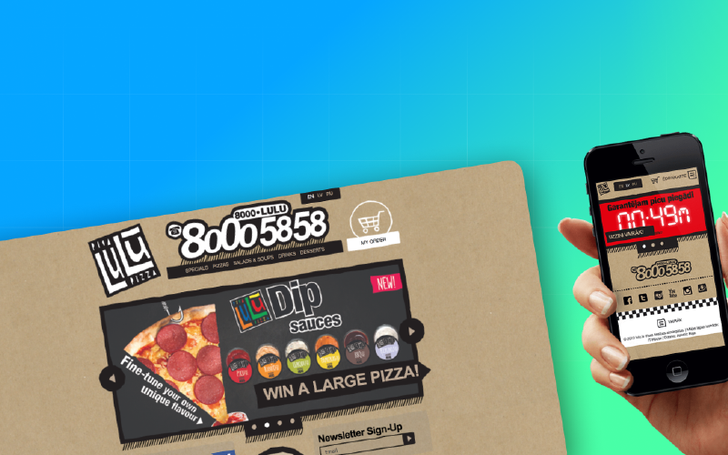 Pizza Lulu pasūtījumu vietne ar picas reklāmu un pasūtījuma pogu datorā un mobilā versija tālrunī