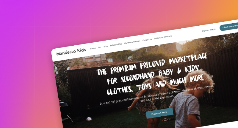 Manifesto Kids sākumlapa ar lietotu bērnu apģērbu virsrakstu, diviem bērniem dārzā un pogu Browse all items