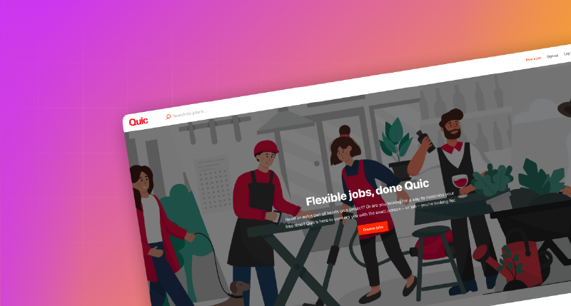 Quicjobs sākumlapa ar darbu meklēšanas joslu, virsrakstu Flexible jobs un cilvēku zīmējumu darba situācijās