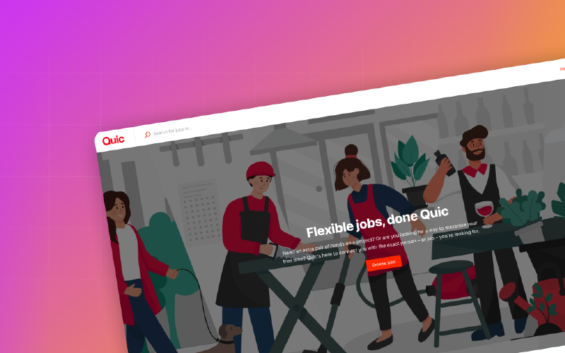 Quicjobs sākumlapa ar darbu meklēšanas joslu, virsrakstu Flexible jobs un cilvēku zīmējumu darba situācijās