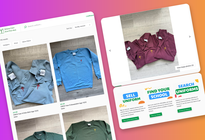 Smarter Uniforms marketplace with search results of school uniform items, a listing photo and the home page steps Sell uniform, Find your school and Search uniforms.