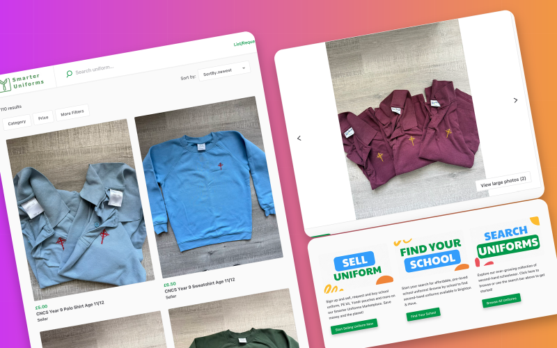 Smarter Uniforms marketplace with search results of school uniform items, a listing photo and the home page steps Sell uniform, Find your school and Search uniforms.
