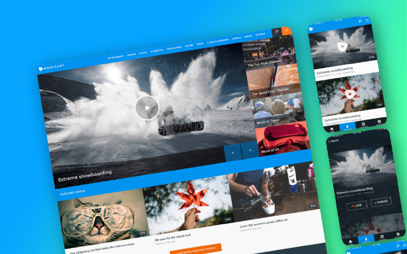 Mobicast video portāls datorā ar snovborda video un ieteiktajiem video, un mobilā lietotne tālruņos